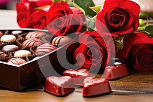 Romantic Valentine\'s Day Composition with Red Roses and Heart-Shaped Chocolate Box