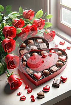 Romantic Valentine\'s Day Composition with Red Roses and Heart-Shaped Chocolate Box