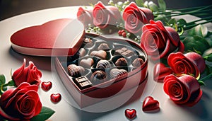 Romantic Valentine\'s Day Composition with Red Roses and Heart-Shaped Chocolate Box