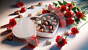 Romantic Valentine\'s Day Composition with Red Roses and Heart-Shaped Chocolate Box