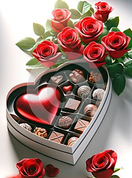 Romantic Valentine\'s Day Composition with Red Roses and Heart-Shaped Chocolate Box