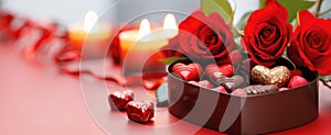 Romantic Valentine\'s Day Composition with Red Roses and Heart-Shaped Chocolate Box