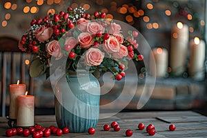 Romantic Valentine\'s Day decor on a festive dinner table. Roses in a vase and candles on the table