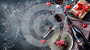 Romantic Valentine\'s Day Dinner Setup: Wine, Champagne, Gifts, and Sweet Treats