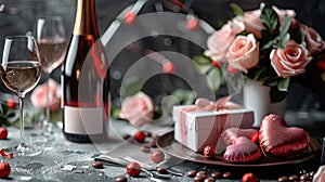 Romantic Valentine\'s Day Dinner Setup: Wine, Champagne, Gifts, and Sweet Treats on Table with Copy Space for Banner