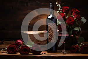 Romantic valentine's day dinner. Wine, red roses, gift and two glasses close-up on a wooden surface