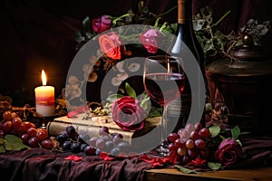 Romantic valentine's day dinner. Wine, red roses and two glasses close-up on a wooden surface
