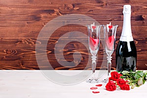 Romantic Valentine's Day with glasses with roses and hearts, cha