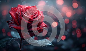 Romantic Valentine's Day: Red Rose on Black Background with Pink Bokeh Lights,