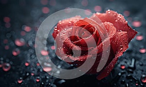 Romantic Valentine's Day: Red Rose on Black Background with Pink Bokeh Lights,