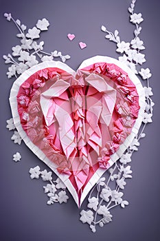 Romantic valentine`s origami heart with flowers celebrating love