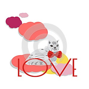 Romantic valentines day card with word love . Cute wedding card, save the date design background with cat in love.