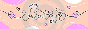 Romantic Valentines day one line background with hand lettering, hearts and calligraphic elements. Vector illustration
