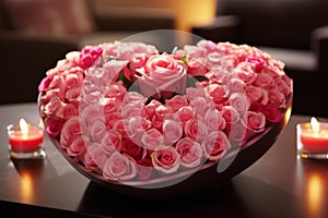 Romantic Valentines Day. Soft Candlelight, Beautiful Vibrant Roses Flowers, Love in Every Corner