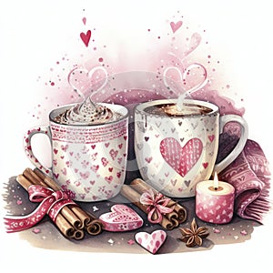Romantic Valentines Day Watercolor Two Cozy Mugs Love. ai generative