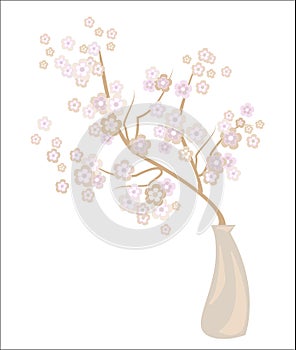 Romantic vase with a delicate cherry blossom. Exquisite petals and delicate floral fragrance. Decoration of a festive table and an