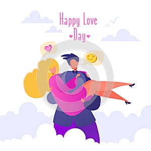 Romantic vector illustration on love story theme. Couple in love, man holding his beloved girlfriend in his arms, carries on hands