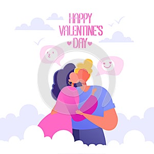 Romantic vector illustration on love story theme. Happy flat people character on the seventh heaven. Soaring in the clouds.