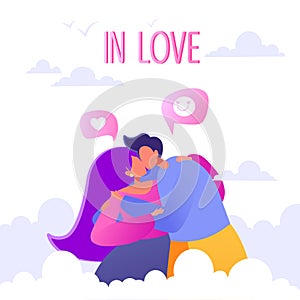 Romantic vector illustration on love story theme. Happy flat people character on the seventh heaven. Soaring in the clouds.