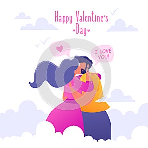 Romantic vector illustration on love story theme. Happy flat people character on the seventh heaven. Soaring in the clouds.