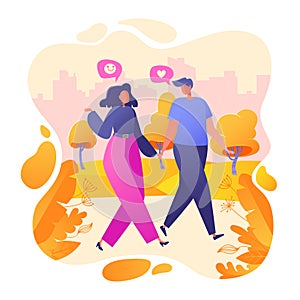 Romantic vector illustration on love story theme. Happy flat people character walking in the park. Happy lover man and woman flirt