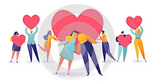 Romantic vector illustration on love story theme. Set of people holding a heart symbols, valentine cards.