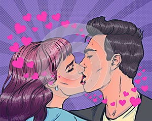 Romantic vector illustration in pop art style on love story theme. Couple in love and kiss each other.