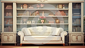 Romantic Victorian White Sofa With Vases And Books