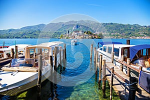 Romantic view of San Giulio island at Lake Orta, Piedmont, Italy