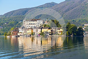 Romantic view of San Giulio island at Lake Orta, Piedmont, Italy