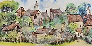 Romantic village with old houses and church, in crayon sketch style ai Generated, generative AI, CGI graphics