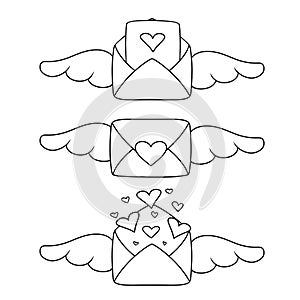 romantic vintage envelope with wings and hearts, love message, vector