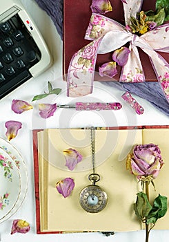 Romantic vintage feminine writing desk stop motion with old typewriter.