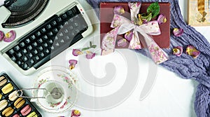 Romantic vintage feminine writing desk stop motion with old typewriter.