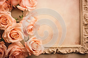 Romantic vintage frame with beautiful roses. Border with beautiful spring or summer border.