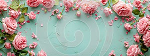 Romantic vintage frame made of beautiful roses on turquoise blue background. Greeting card template