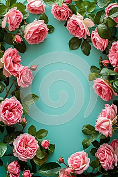 Romantic vintage frame made of beautiful roses on turquoise blue background. Greeting card template