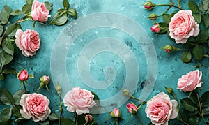 Romantic vintage frame made of beautiful roses on turquoise blue background. Greeting card template