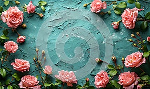 Romantic vintage frame made of beautiful roses on turquoise blue background. Greeting card template