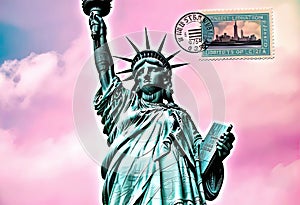 Romantic vintage New York City postcard design with Statue of Liberty with postage stamps around famous landmarks