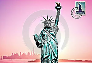 Romantic vintage New York City postcard design with Statue of Liberty with postage stamps around famous landmarks