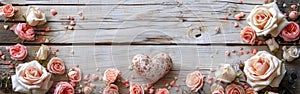 Romantic Vintage Wedding Background with Roses, Flowers, and Hearts