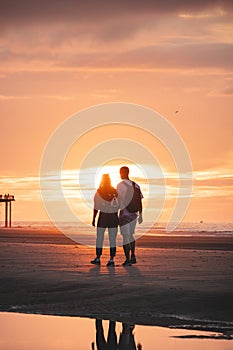 Romantic walk of a young couple on the beaches of Oostende in western Belgium at sunset. Love and devotion. Reflection in a pool