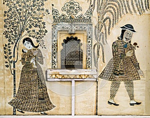 Romantic wall painting in City Palace, Udaipur, India