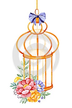 Romantic watercolor Birdcage with peony,rose,leaves,flowers,branches and bows