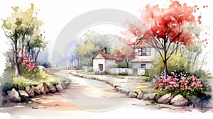 Romantic Watercolor House Illustration On Path - Uhd Image photo