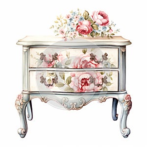 Romantic Watercolor Illustration Of A Chest With Blue Flowers