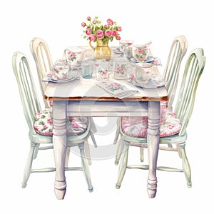 Romantic Watercolor Illustration Of A Tea Set And Chairs In English Countryside