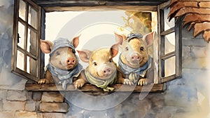 Romantic Watercolor Illustration Three Pigs At The Window