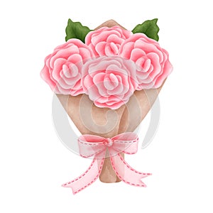 Romantic watercolor pink rose bouquet with pink bow ribbon.Elegant wedding decoration